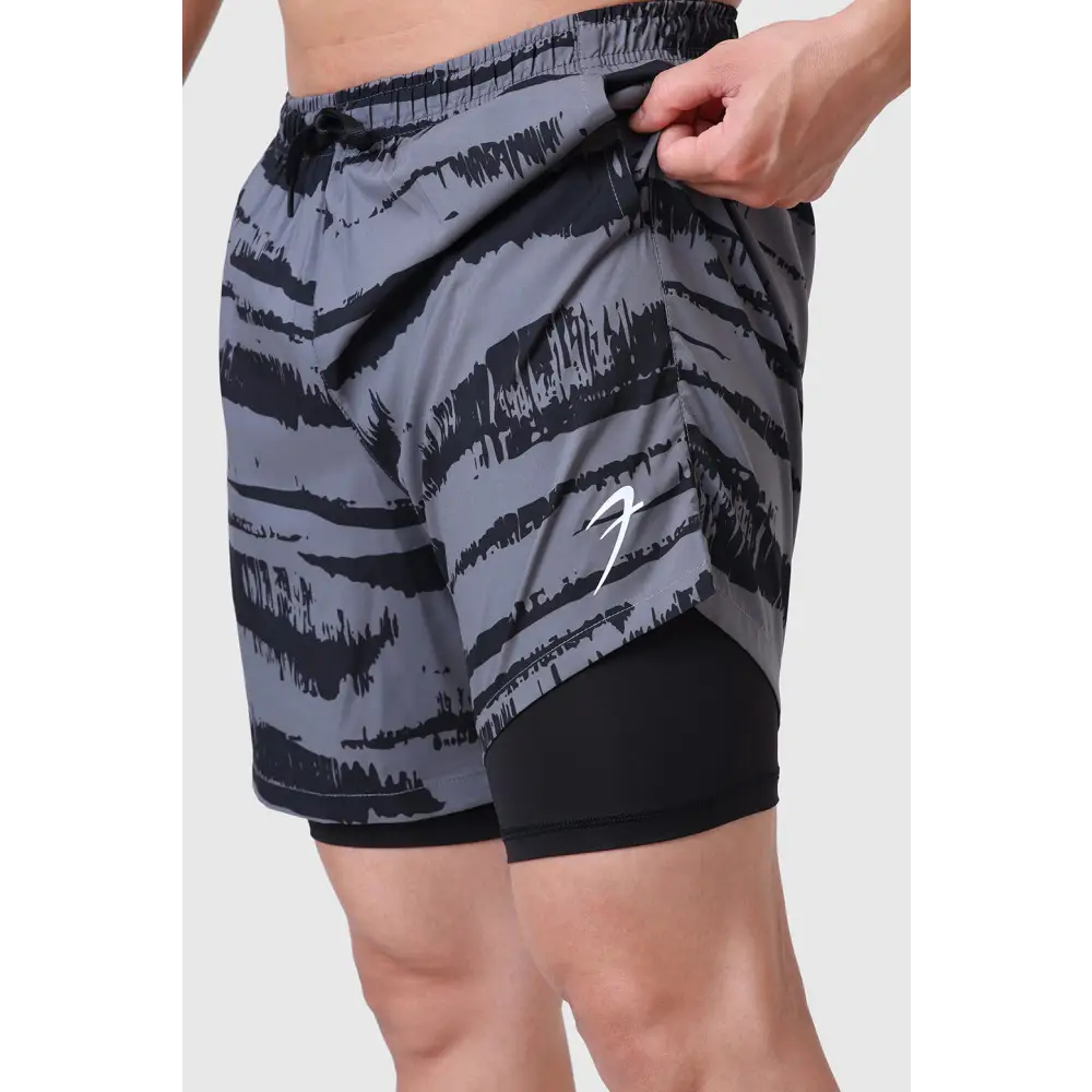2 in 1 Printed Compression Shorts Gold Grey - Shorts