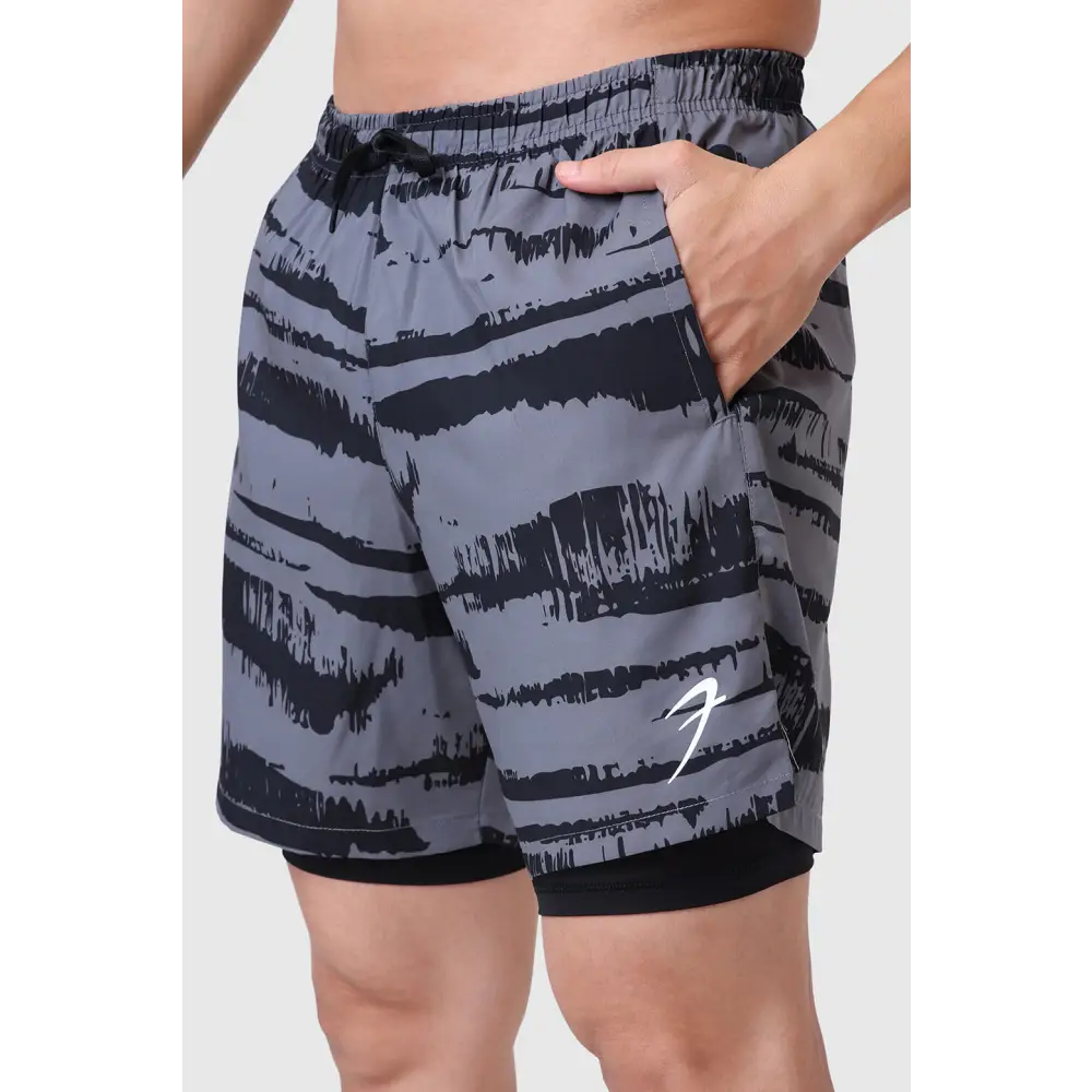 2 in 1 Printed Compression Shorts Gold Grey - Shorts
