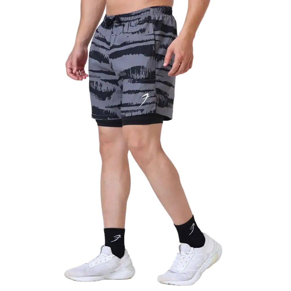 2 in 1 Printed Compression Shorts Gold Grey - Shorts