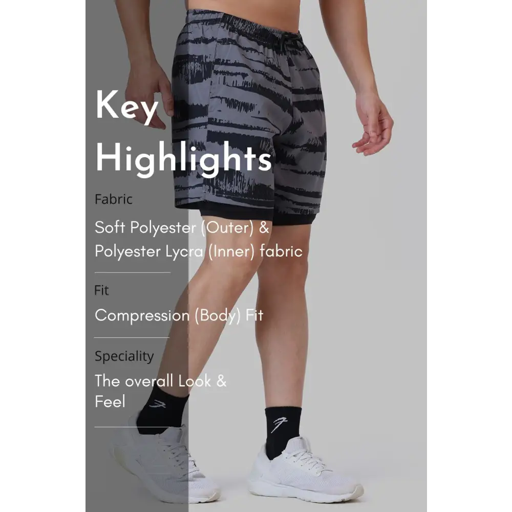 2 in 1 Printed Compression Shorts Gold Grey - Shorts