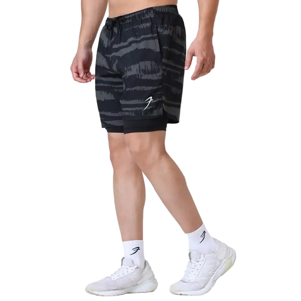 2 in 1 Printed Compression Shorts Olive - Shorts