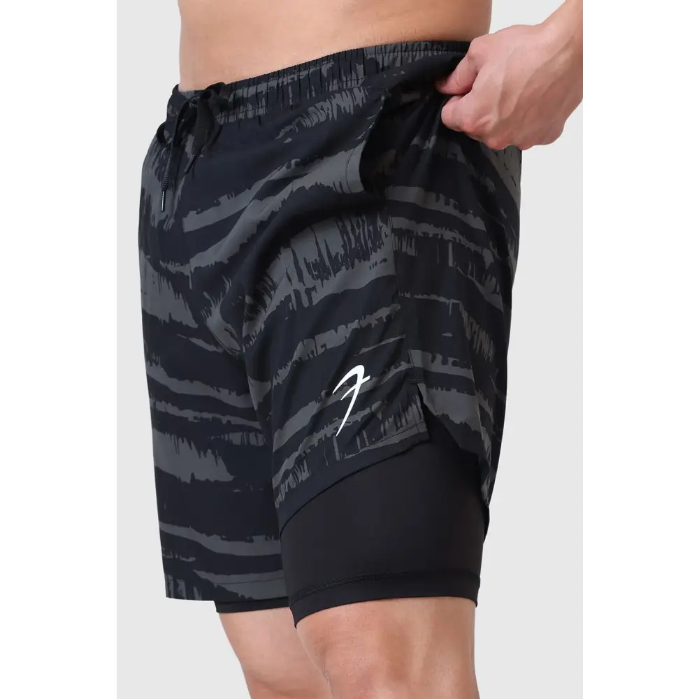 2 in 1 Printed Compression Shorts Olive - Shorts