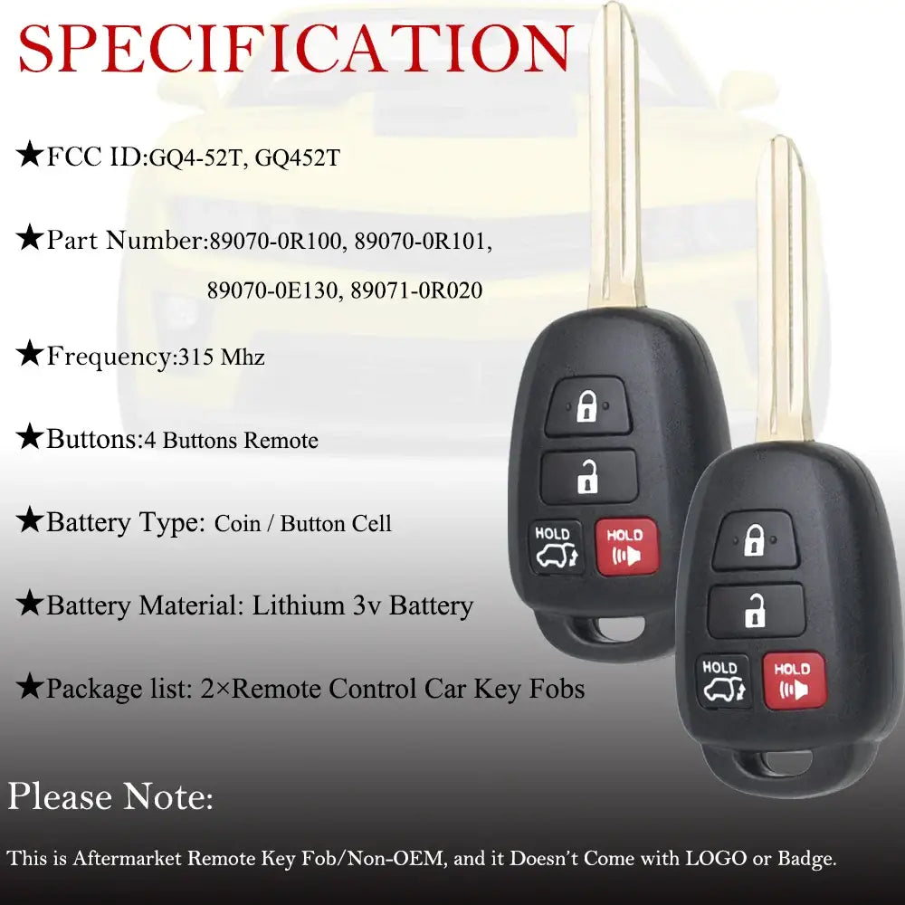 2 pcs For 2013-2018 Toyota RAV4 2014-2019 Toyota Highlander 2018-2019 Toyota Sequoia Remote Key Fob GQ4-52T GQ452T