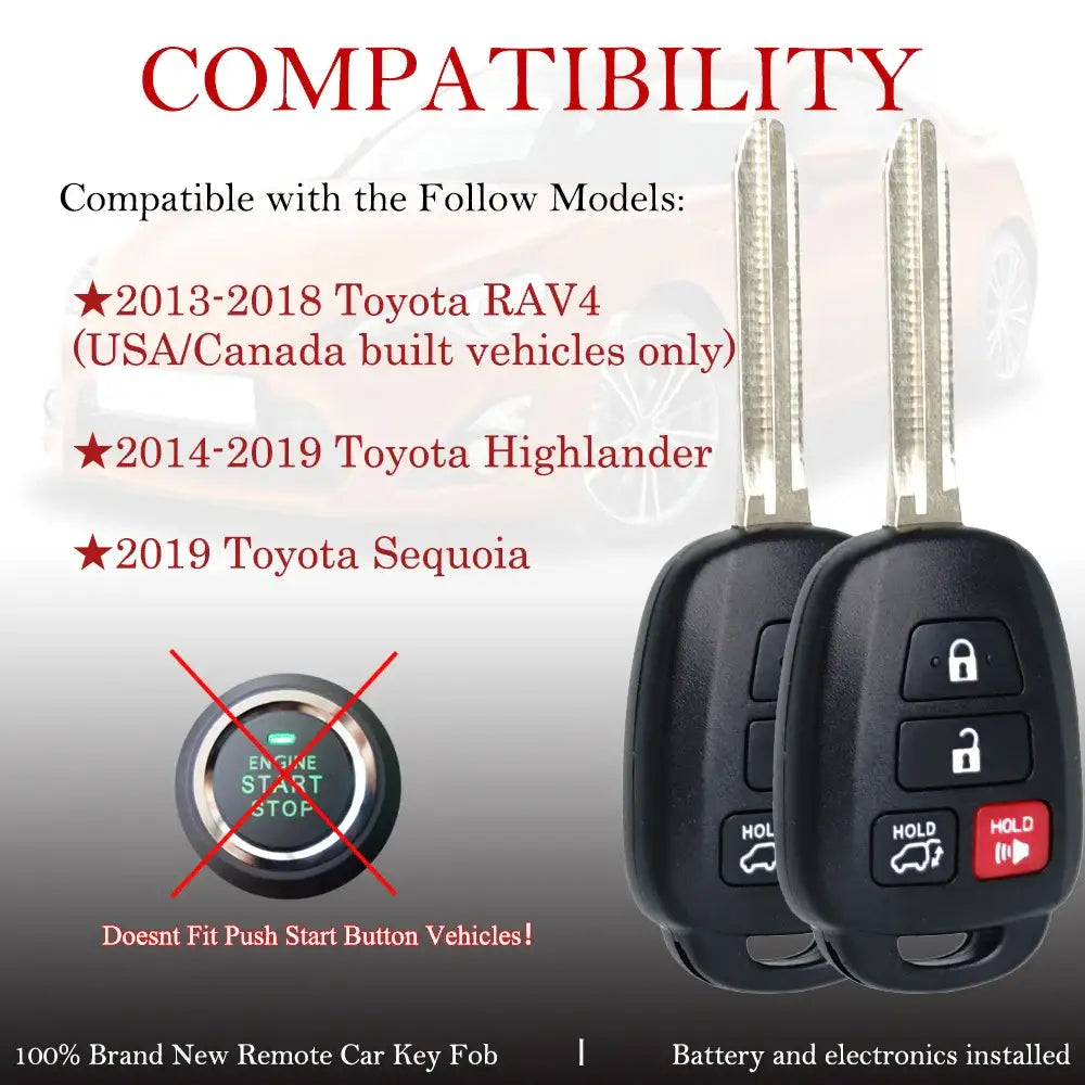2 pcs For 2013-2018 Toyota RAV4 2014-2019 Toyota Highlander 2018-2019 Toyota Sequoia Remote Key Fob GQ4-52T GQ452T