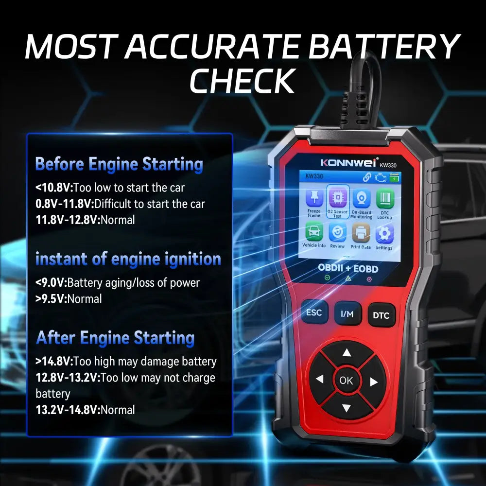 2026 KONNWEI KW330 Car OBD2 Fault Scanner Engine Battery Test Fault Code Clear Real-Time Data Professional OBD