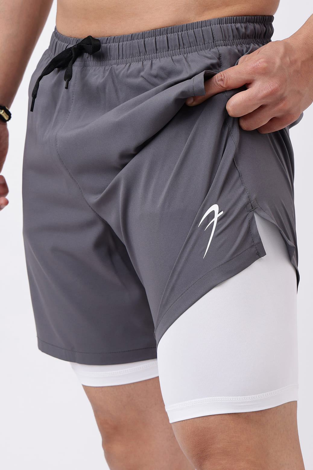 2 in 1 Compression Shorts Grey with White