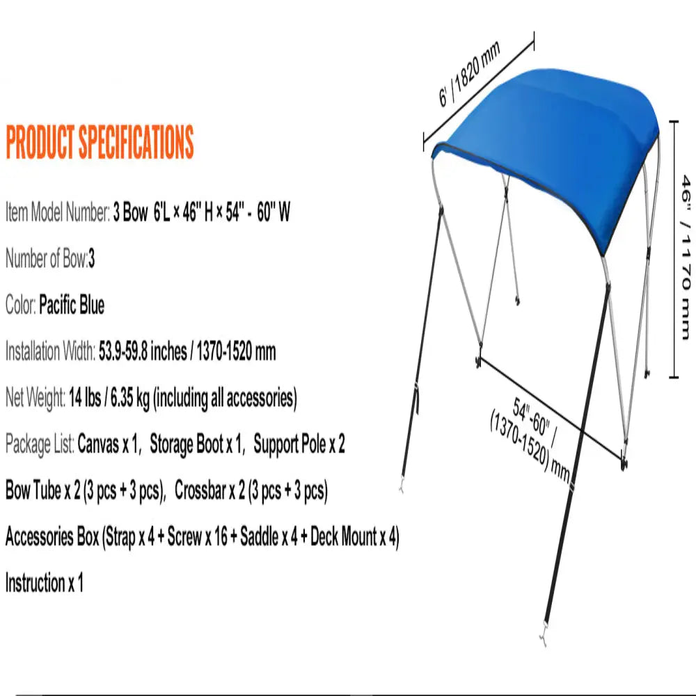 3-Bow Bimini Top Boat Canopy – 900D Polyester (different sizes available) - SS