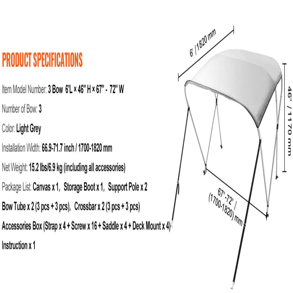3-Bow Bimini Top Boat Canopy – 900D Polyester (different sizes available) - SS