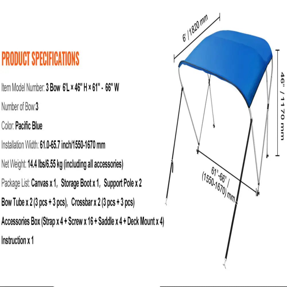 3-Bow Bimini Top Boat Canopy – 900D Polyester (different sizes available) - SS