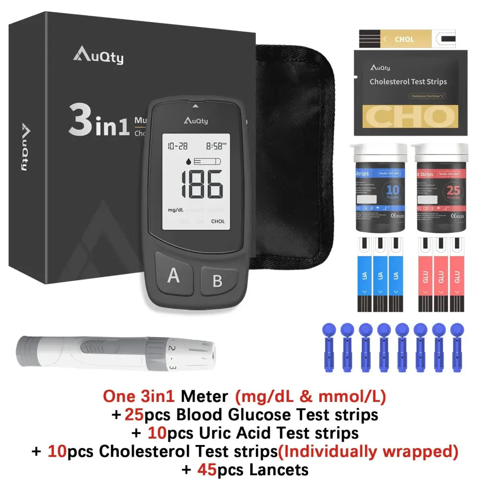 3-in-1 Blood Glucose Uric Acid & Cholesterol Meter - 3in1 Complete Kit / Gout Monitor - HBC