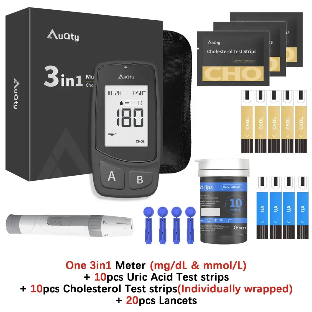 3-in-1 Blood Glucose Uric Acid & Cholesterol Meter - Cho And UA Test Kit / Gout Monitor - HBC