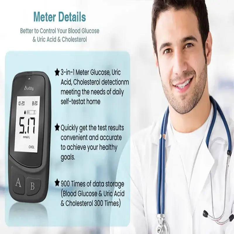 3-in-1 Blood Glucose Uric Acid & Cholesterol Meter - HBC