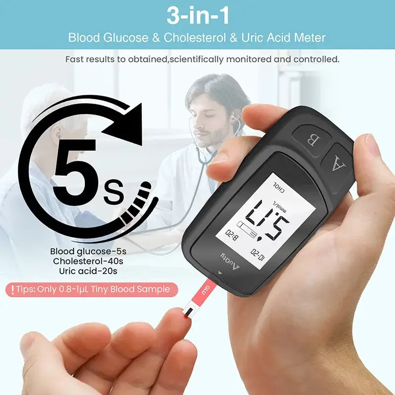 3-in-1 Blood Glucose Uric Acid & Cholesterol Meter - HBC