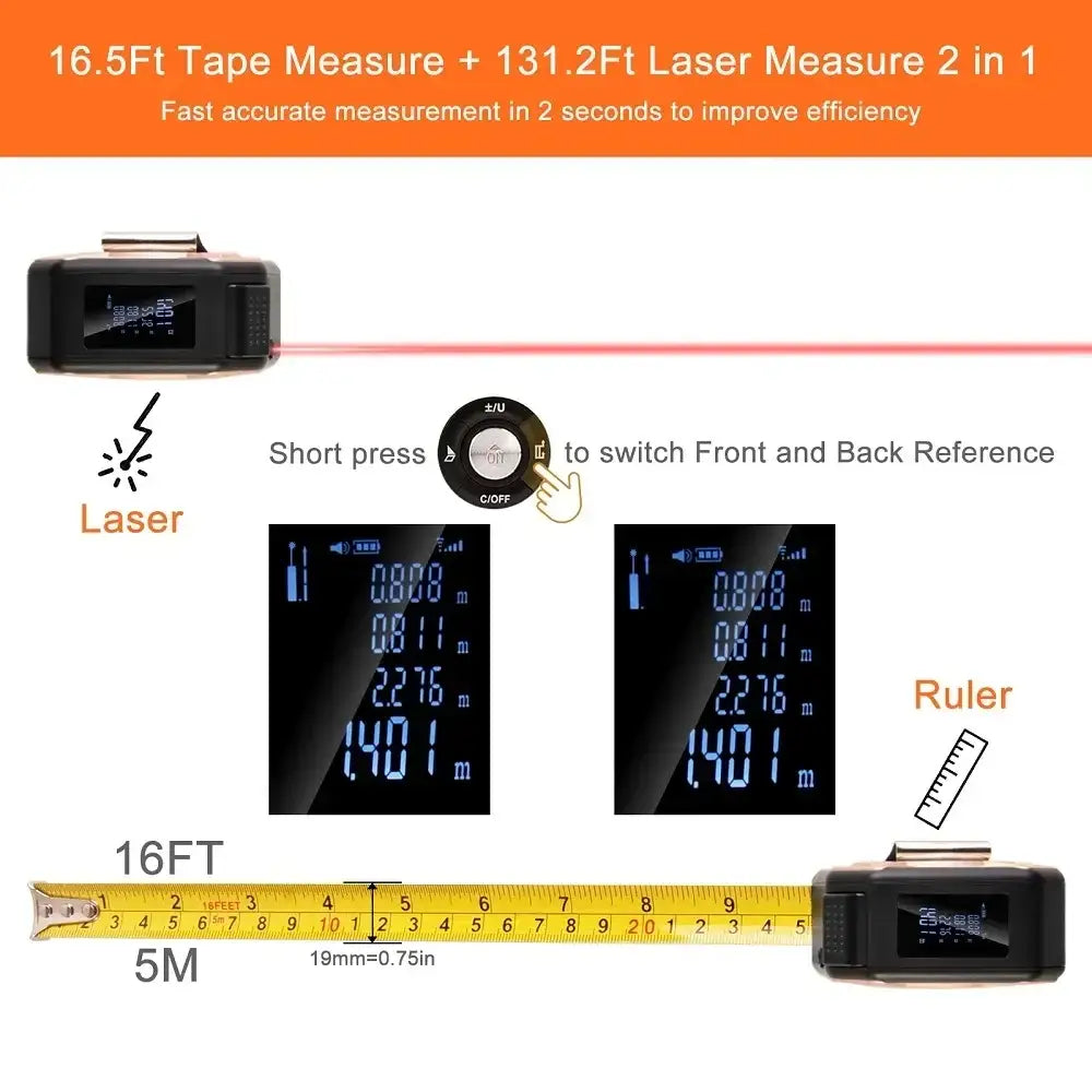 3-in-1 Laser Measuring Tool - 40/60M Distance Meter with Stainless Steel Digital Tape Measure and 5M Retractable