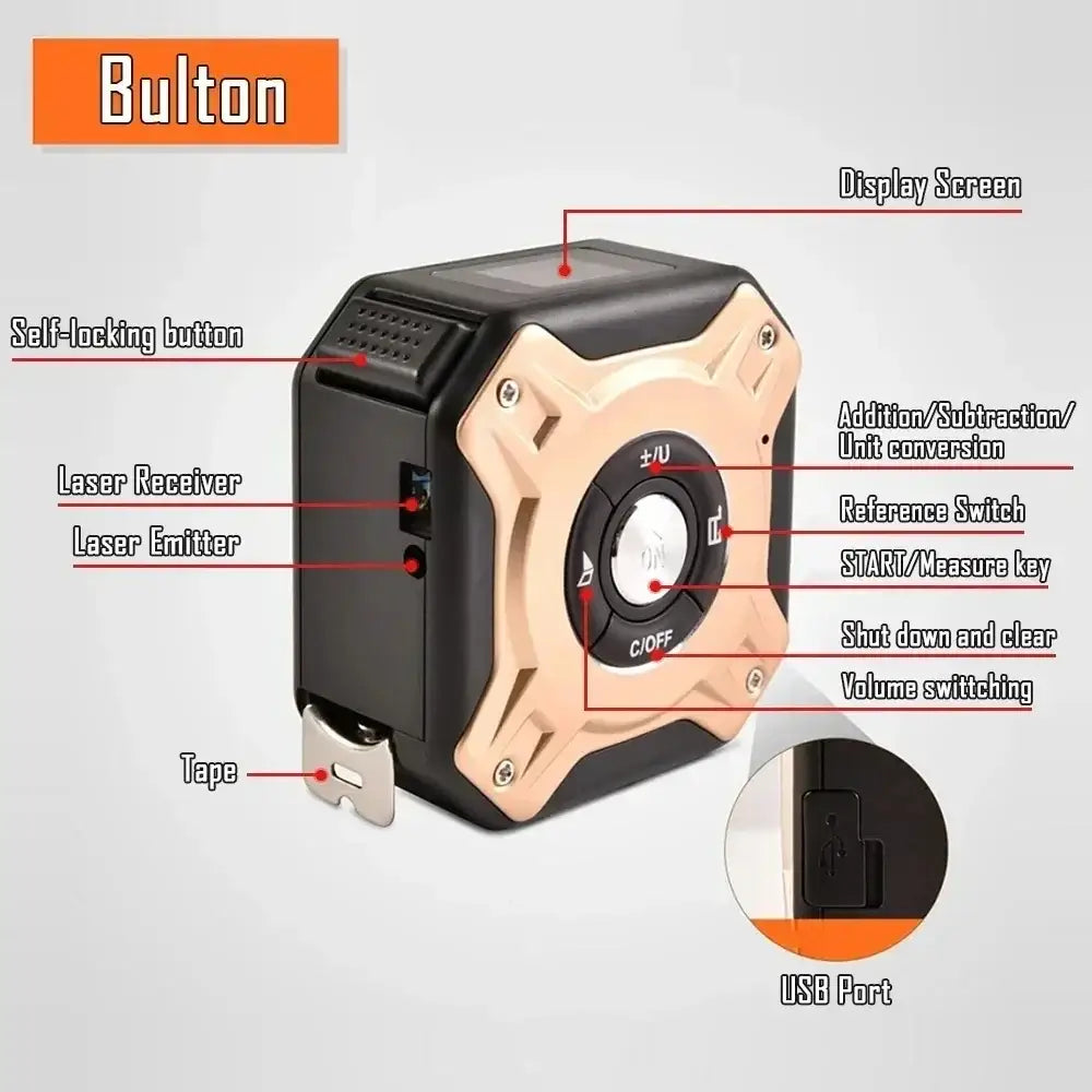 3-in-1 Laser Measuring Tool - 40/60M Distance Meter with Stainless Steel Digital Tape Measure and 5M Retractable