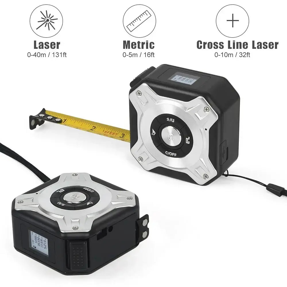 3-in-1 Laser Measuring Tool - 40/60M Distance Meter with Stainless Steel Digital Tape Measure and 5M Retractable