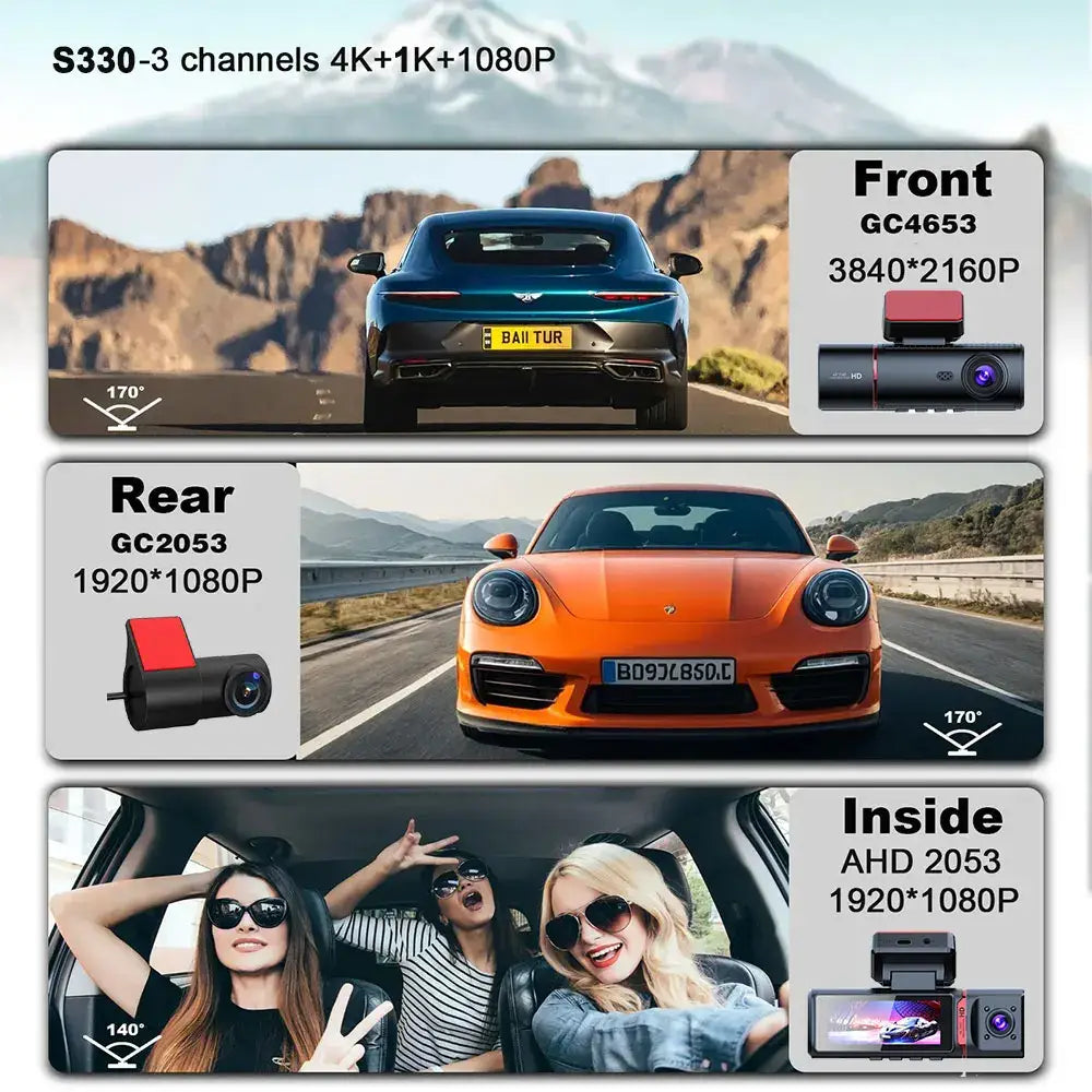 3-Lens Car Camera – Front/Inside/Rear 4K DVR (different models available) - HBC