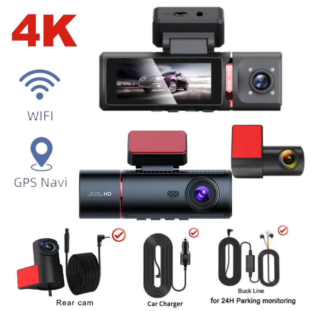 3-Lens Car Camera – Front/Inside/Rear 4K DVR (different models available) - 3CH With GPS 24h Kit / 128GB / Dash Cam