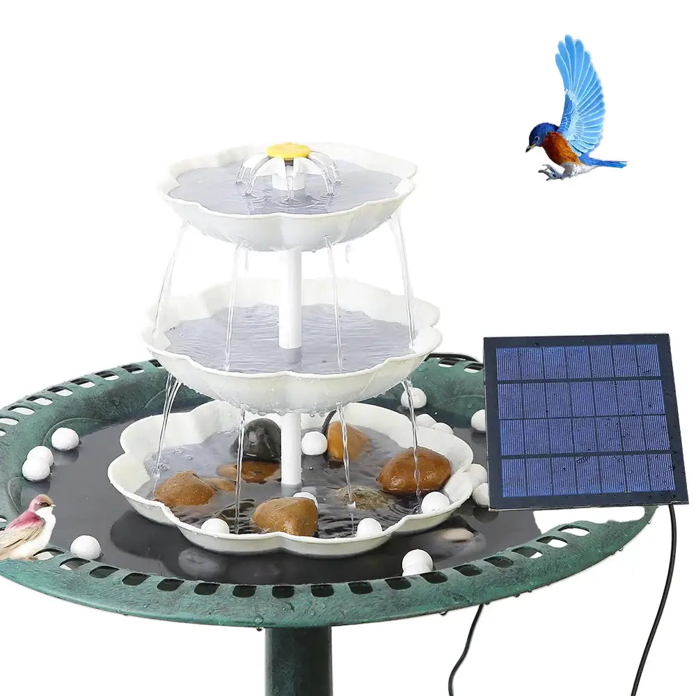 3-Tier Bird Bath with Detachable DIY Solar Fountain with 25W Pump - White - SS