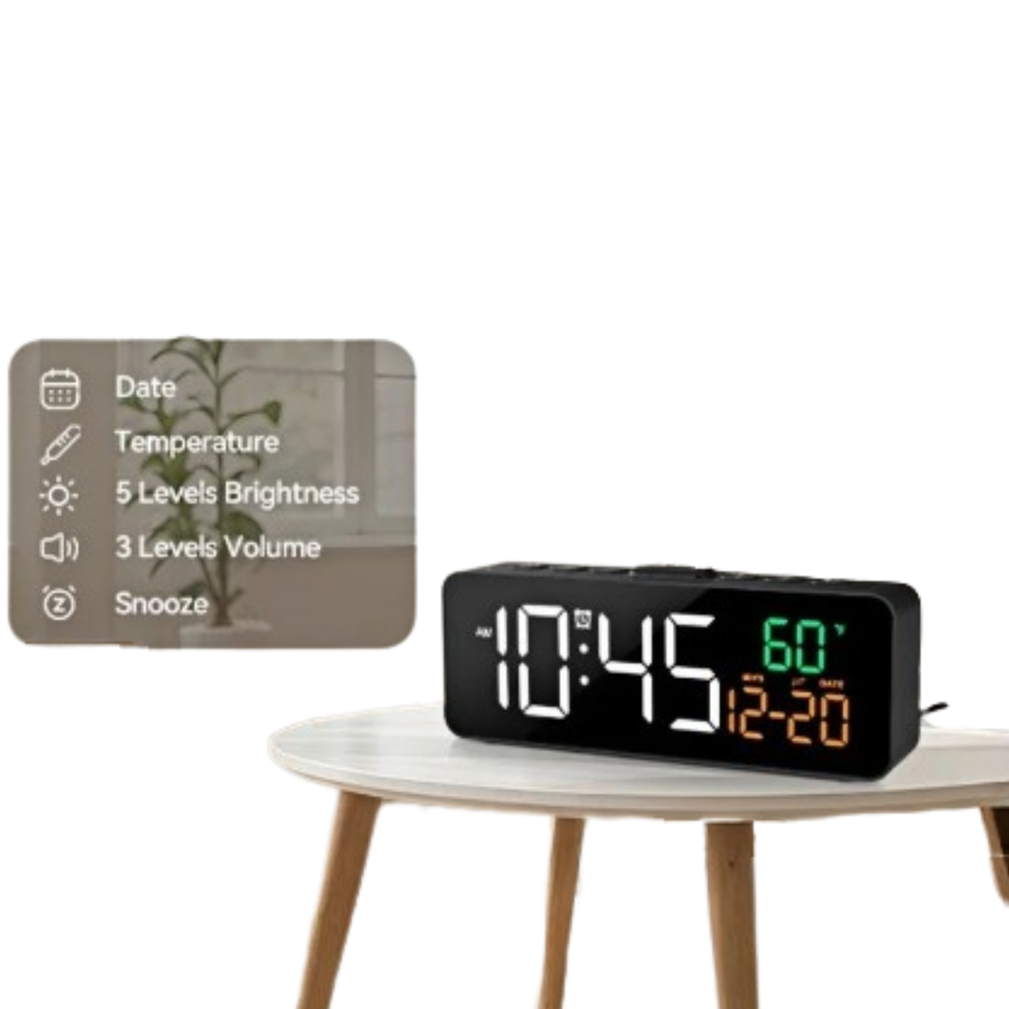 USB Digital Alarm Clock – TEMP & Date Display with 5-Level Brightness