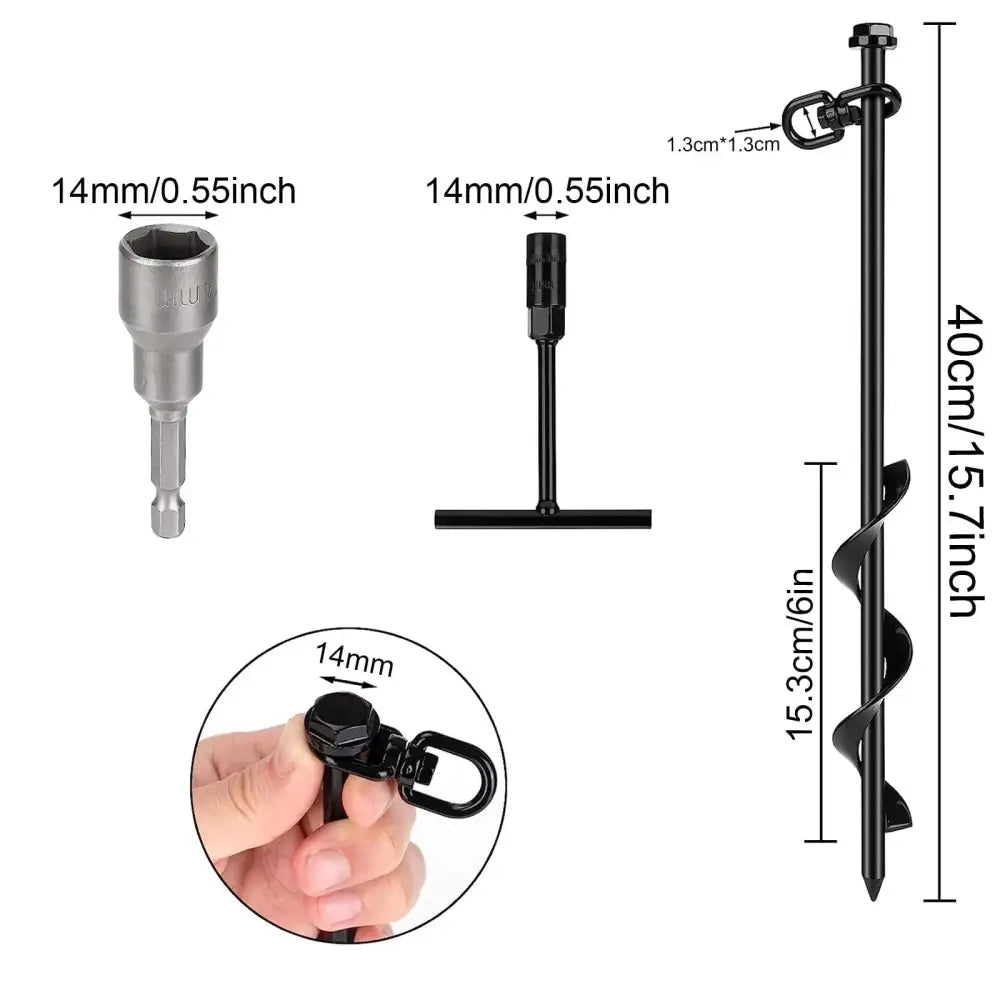 4-Pack 40cm Screwing Ground Anchor for Trampoline with Swing Adapter And Cross Handle Steel Swing Set Anchor - black
