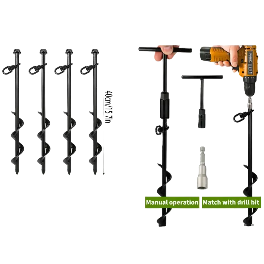 4-Pack 40cm Screwing Ground Anchor for Trampoline with Swing Adapter And Cross Handle Steel Swing Set Anchor - black