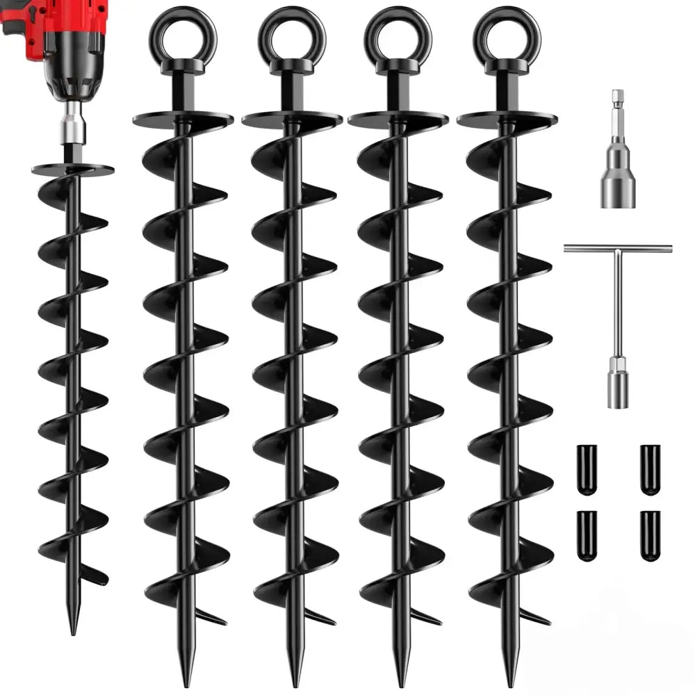 4 Pack Heavy Duty Spiral Ground Anchor for Trampoline Tent Swing Set Sheds Carports Mobile Home with Nut and Tool Black