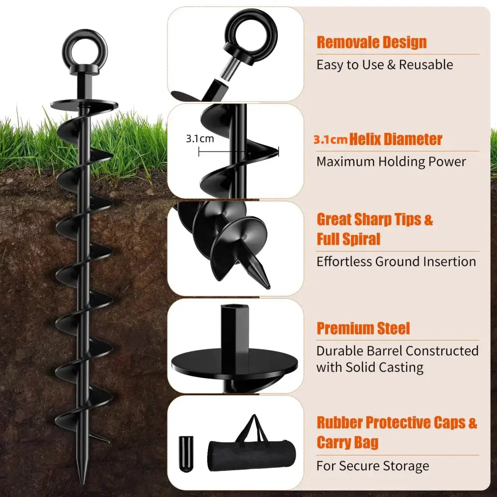 4 Pack Heavy Duty Spiral Ground Anchor for Trampoline Tent Swing Set Sheds Carports Mobile Home with Nut and Tool Black