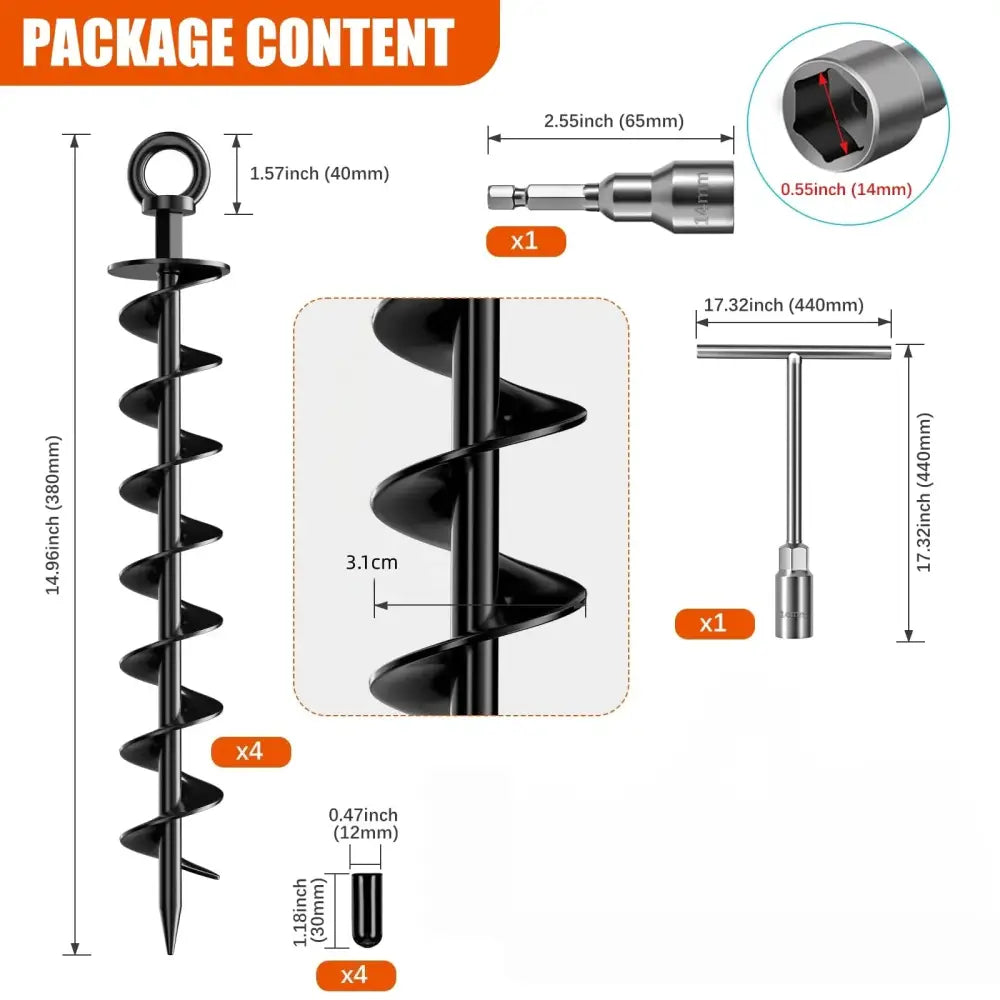 4 Pack Heavy Duty Spiral Ground Anchor for Trampoline Tent Swing Set Sheds Carports Mobile Home with Nut and Tool Black