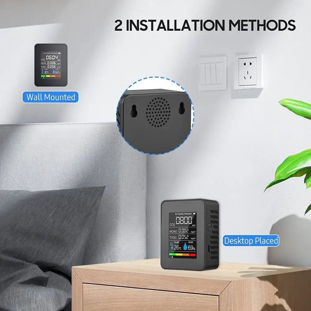 5 in 1 Air Quality Monitor TVOC HCHO Temperature Humidity CO2 Meter USB Rechargeable CO2 Detector Black