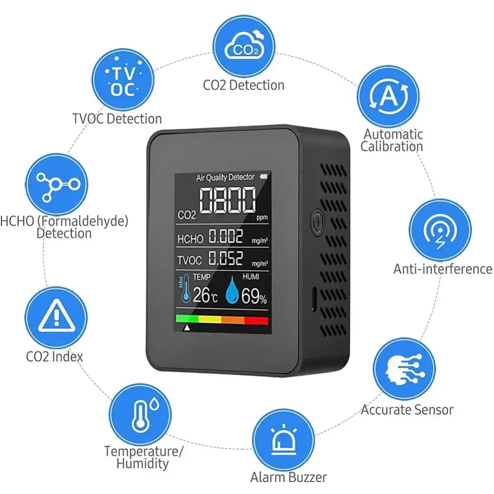 5 in 1 Air Quality Monitor TVOC HCHO Temperature Humidity CO2 Meter USB Rechargeable CO2 Detector Black
