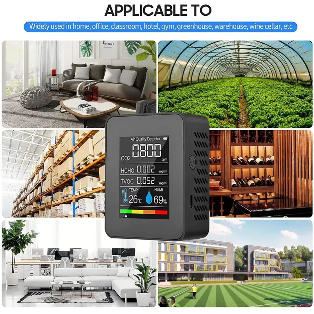 5 in 1 Air Quality Monitor TVOC HCHO Temperature Humidity CO2 Meter USB Rechargeable CO2 Detector Black