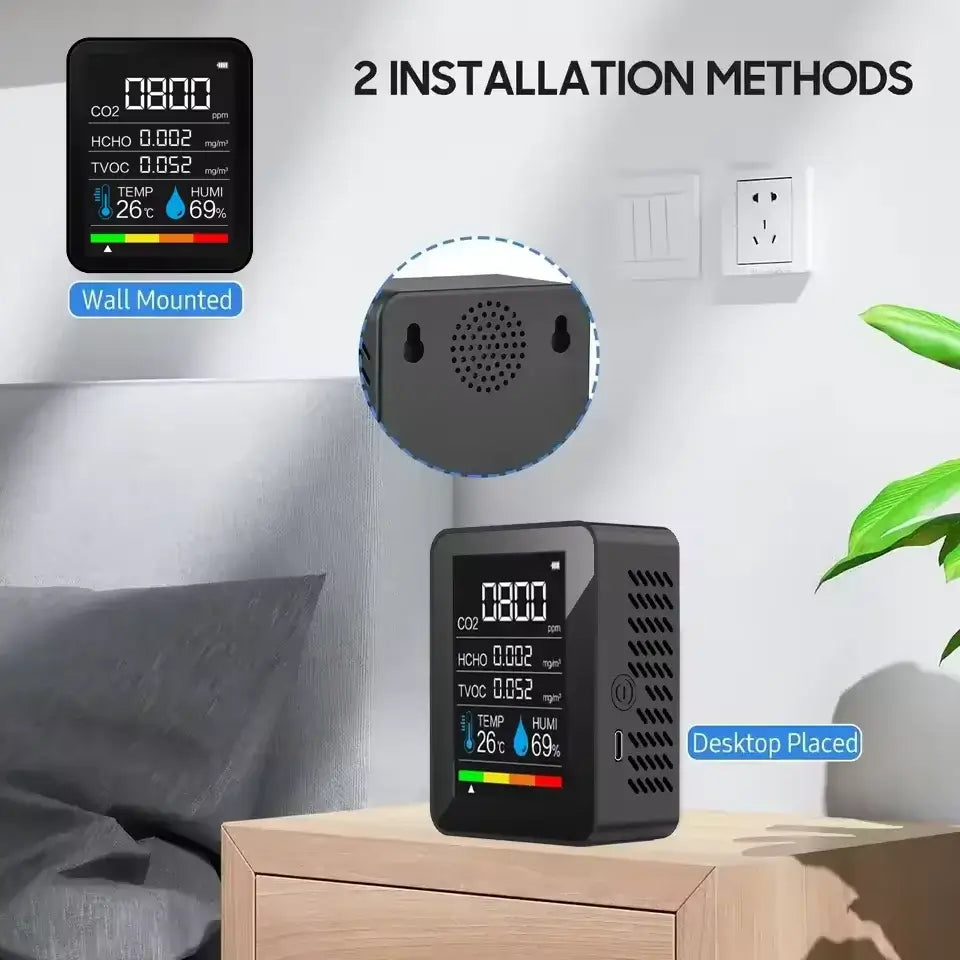 5-in-1 Digital Air Quality Monitor – CO2 HCHO TVOC Humidity & Temperature Tester - HBC