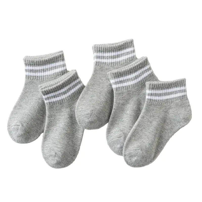 5 Pairs of Cotton Socks – For Boys & Girls (1–12 Years) - Gray Striped / S (1-3Years Old) - SS