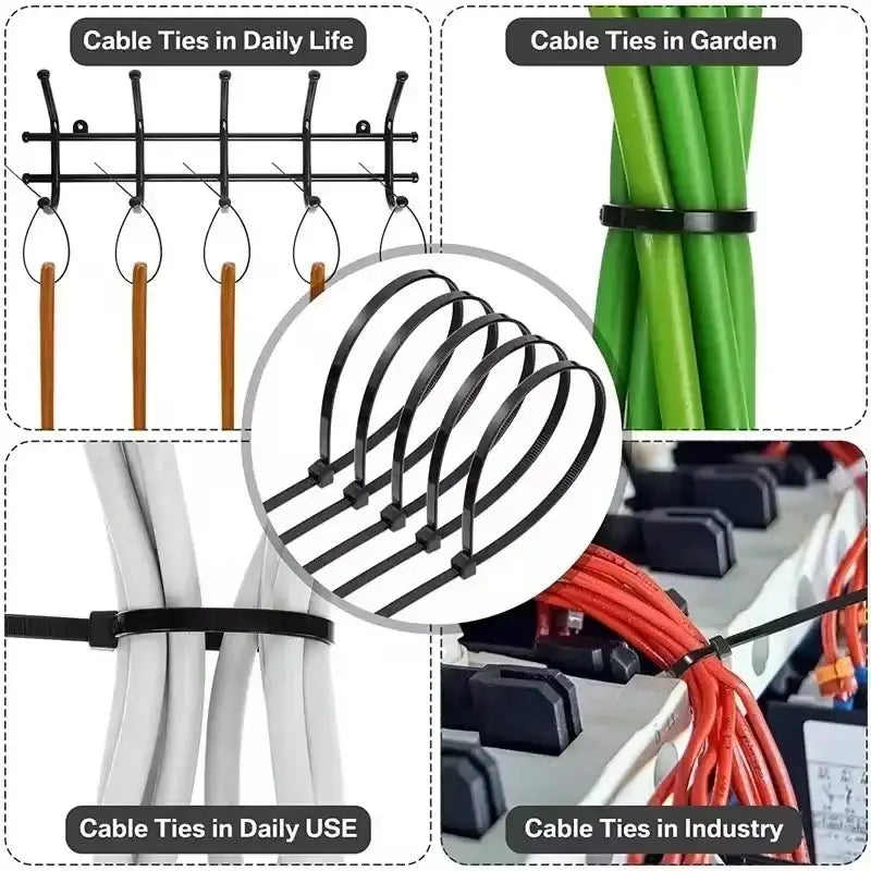 500/1000PCS Self-locking Plastic Nylon Tie Black Zip Wraps Strap Nylon Cable Tie Set Fastening Ring Loop Wire Wrap