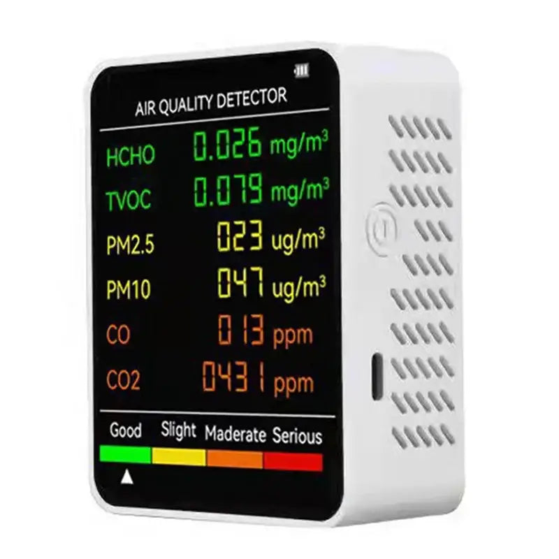 6-in-1 Air Quality Detector – PM2.5 PM10 HCHO TVOC CO CO2 Monitor - White / Air Quality Detector - HBC
