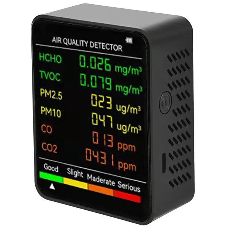 6-in-1 Air Quality Detector – PM2.5 PM10 HCHO TVOC CO CO2 Monitor - Black / Air Quality Detector - HBC