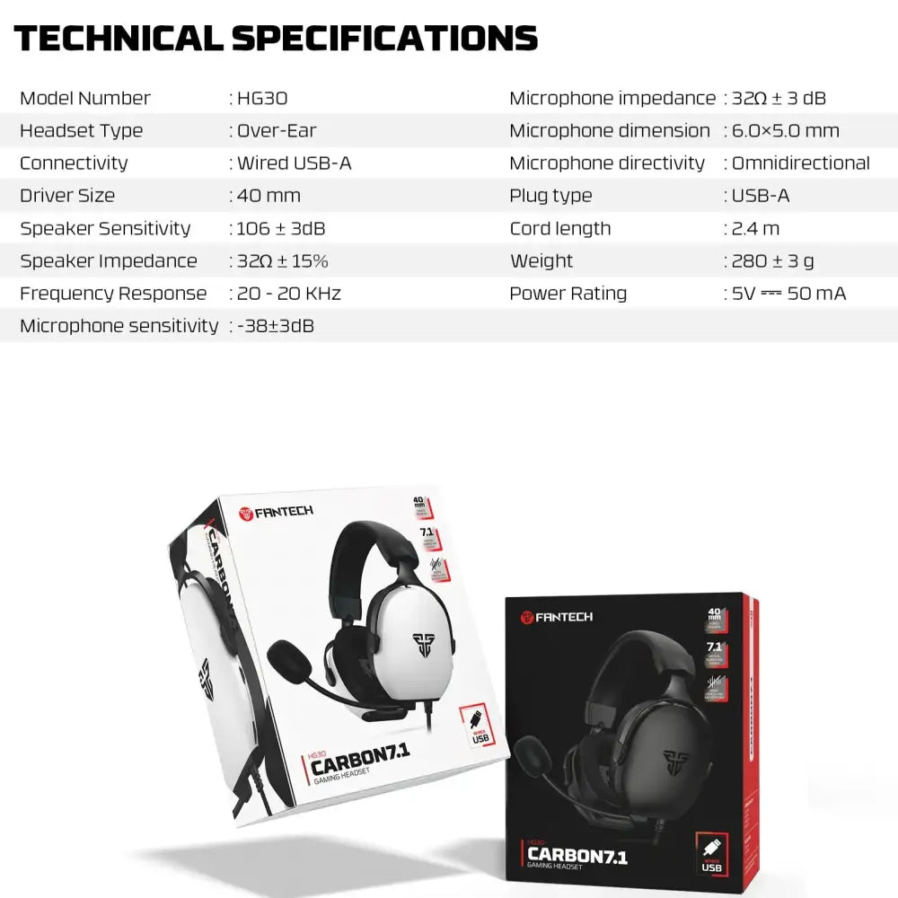 7.1 Wired Gaming Headset 40mm with Mic (available in Black & White) - 9eight5