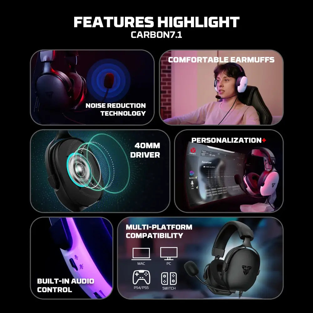 7.1 Wired Gaming Headset 40mm with Mic (available in Black & White) - 9eight5