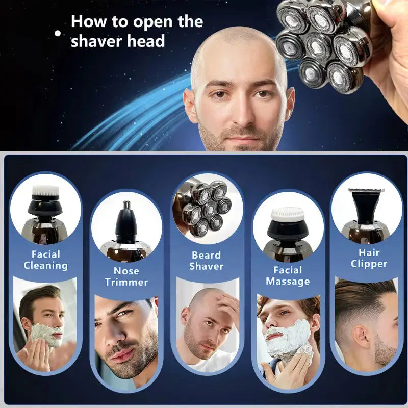 7 Head Electric Shaver for Men - Advanced 7D Floating Cutter IPX5 Waterproof USB Wireless Charging and Multi-Grooming