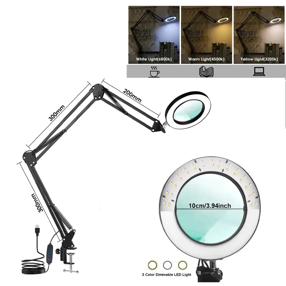 72LED 8X/10X USB Magnifying Glass with 3 Colours Light (10 different variants available) - 3-Segment Black - HBC