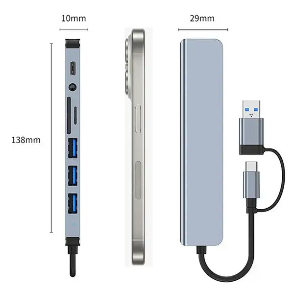 8-in-1 Hub with Card Reader & Audio - Silver / 0.25m - 9eight5