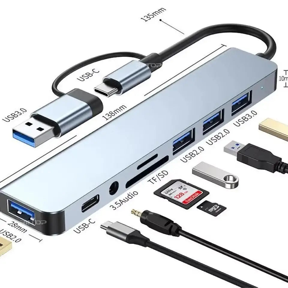 8-in-1 Hub with Card Reader & Audio - Silver / 0.25m - 9eight5