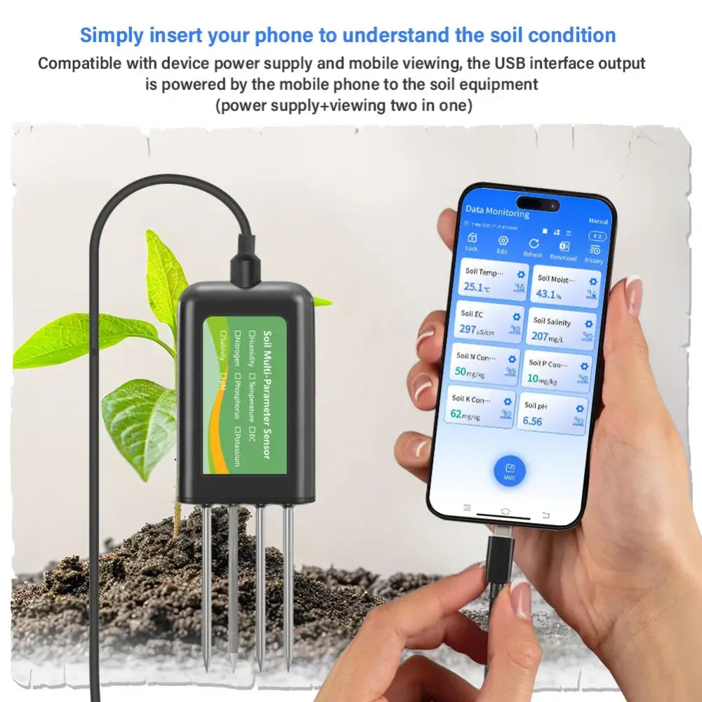 8-in-1 Soil Sensor for pH EC Moisture Temp & NPK Testing - HBC