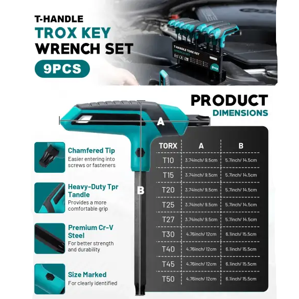 9PCS T-Handle Torx Wrench Set T10-T50 Two-Tip Design Torx Star Wrench DIY & Auto Bike Repair Tool with Storage Rack