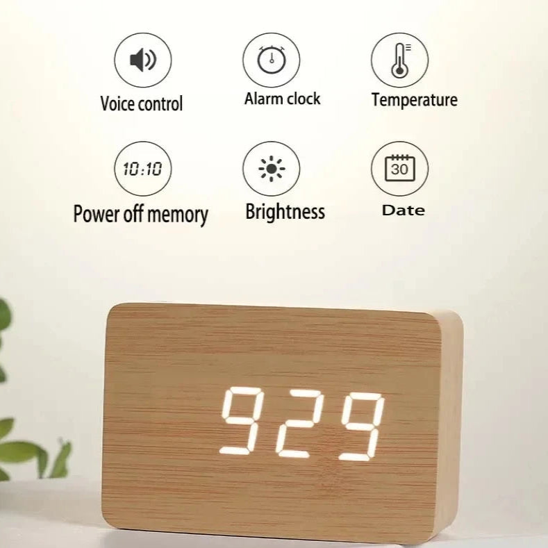 Wooden LED Digital Alarm Clock with Temperature Display & Night Light (4 colours available)
