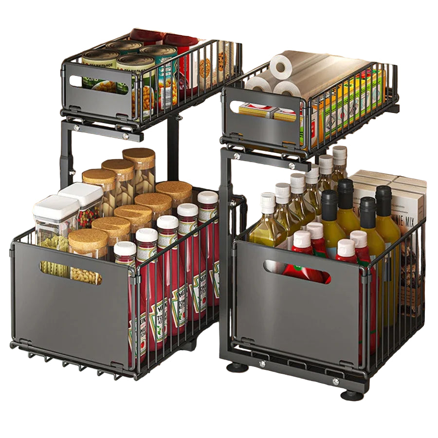 Pull-Out Under Sink Organizer – 2-Tier Adjustable Sliding Shelf (Black & White)