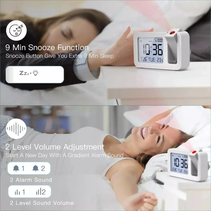 Digital Projection Alarm Clock – Rechargeable LED with USB Charger (Black & White)