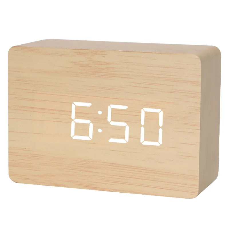 Wooden LED Digital Alarm Clock with Temperature Display & Night Light (4 colours available)