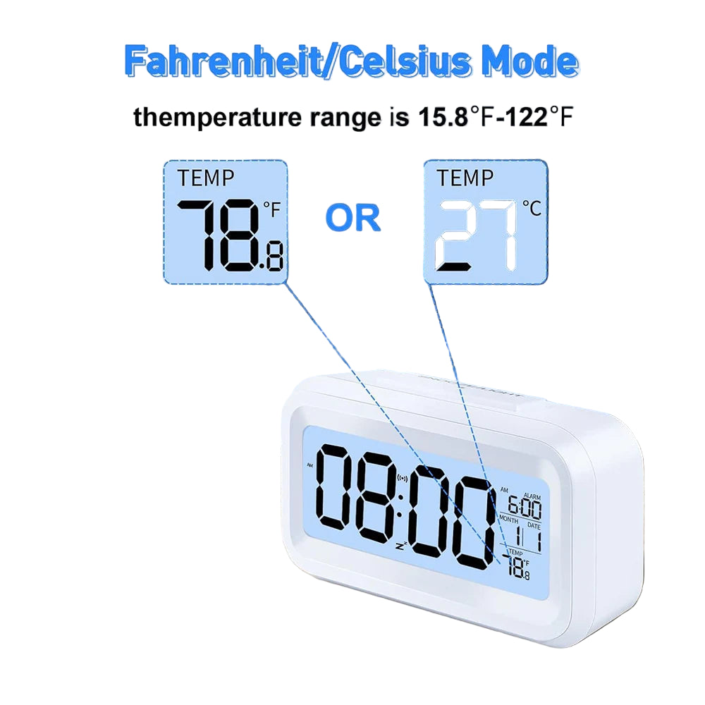 Digital Alarm Clock – Battery Operated with Indoor Temperature & Light Sensor Backlight (3 colors available)